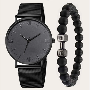 Mens minimalist black quartz watch with mesh strap and beaded dumbbell bracelet set