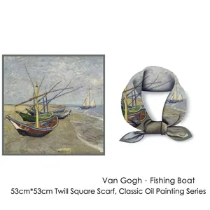 53cm Van Gogh Fishing Boats on the Beach twill silk scarf with classic oil painting art
