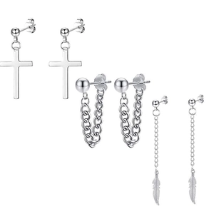 Three pairs of silver stainless steel earrings featuring cross, chain, and feather charms
