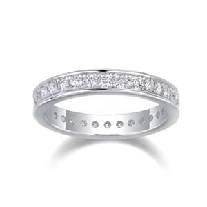 Close-up of a S925 sterling silver eternity ring with sparkling round moissanite stones