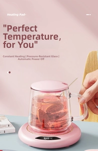 Pink electric mug warmer with digital display and heat-resistant glass cup detail