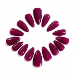 Macro display of 18 glossy berry purple almond shaped press-on nails in a ring layout