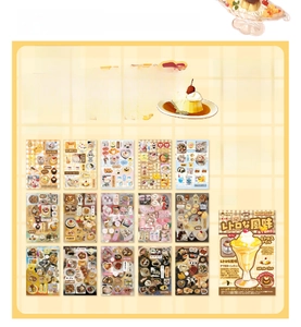 Detailed view of 30 retro food stickers featuring vintage puddings and shop themes