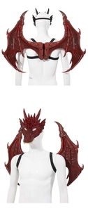 Detail of dark red dragon wings and mask set with realistic scale texture on model