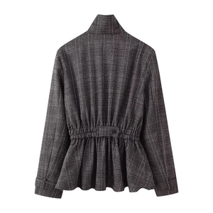 Women's dark grey plaid jacket with back peplum hem and ruffled waist detail