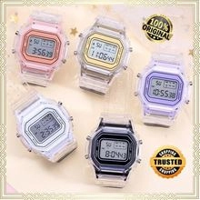 Flat lay of colorful digital nurse watches with transparent straps in five vibrant colors
