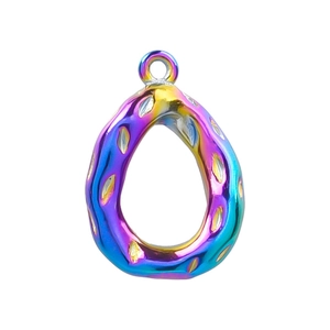Macro shot of 18k vacuum plated stainless steel teardrop pendant with rainbow finish