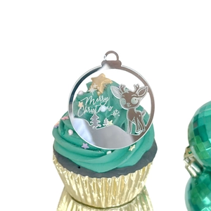 Silver mirror acrylic Merry Christmas cupcake topper with deer and tree for party decor