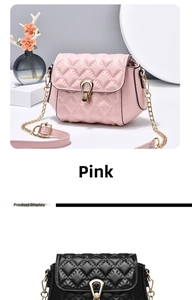 Quilted crossbody bag details featuring pink and black options with gold hardware