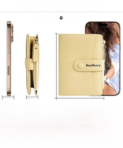 Detailed dimensions of yellow PU leather wallet shown next to a smartphone for scale