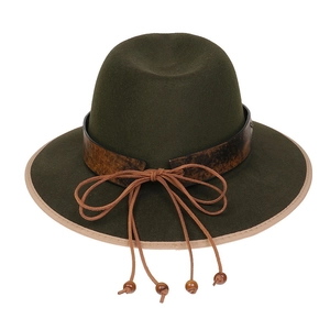 Detail of olive green wool fedora featuring brown leather band and tassel accents