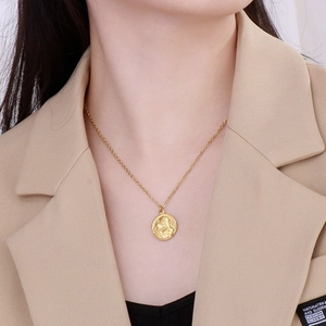 Stainless Steel Round Coin Relief Pendant Necklace Virgin Mary Mother Child Religious Retro Vintage Gift For Women