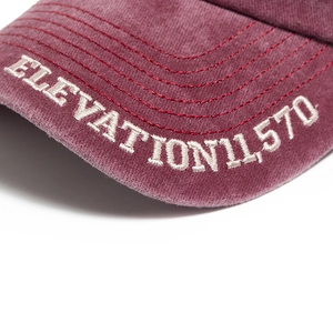 Distressed burgundy washed cotton baseball cap with 3D white embroidery and vintage finish