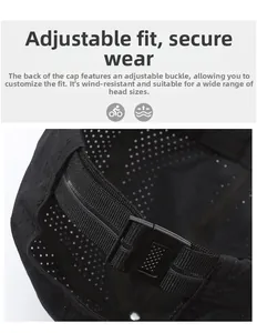 Detail of adjustable strap buckle and breathable mesh fabric on black baseball cap