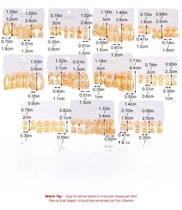 Detailed chart showing exact dimensions and weights for the 11-piece gold alloy earring set