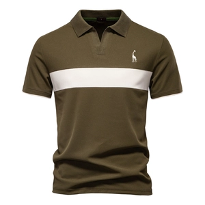 Detail of deer embroidery on breathable olive green cotton polo shirt with white stripes