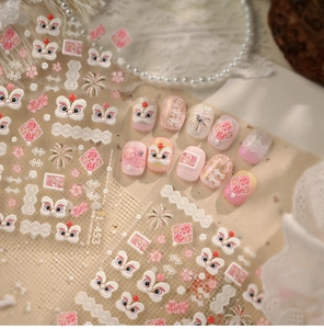Macro detail of TL-453 pink lion dance nail art stickers with floral and lace background