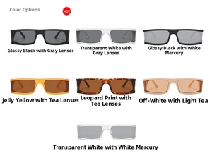 Detail showcasing seven color options for square frame sunglasses with various lens tints