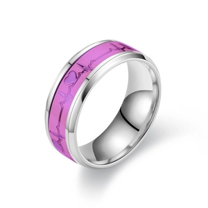 Detailed close-up of luminous heart ECG pattern on polished titanium steel ring