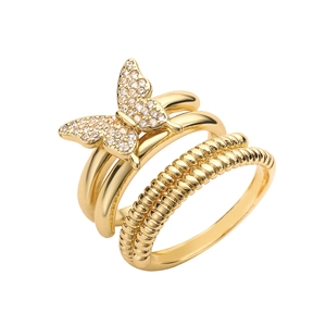 Gold plated butterfly open ring set with layered bands and sparkling zircon inlay