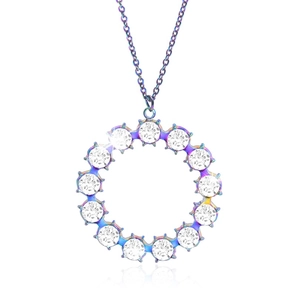 Close-up of rainbow metal circle pendant with sparkling white crystals on a thin chain