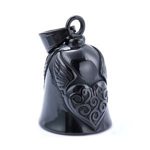 Retro black stainless steel motorcycle guardian bell with 3D winged heart relief
