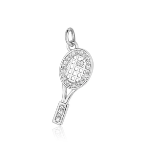 Macro detail of silver tennis racket pendant featuring sparkling clear zircon stones