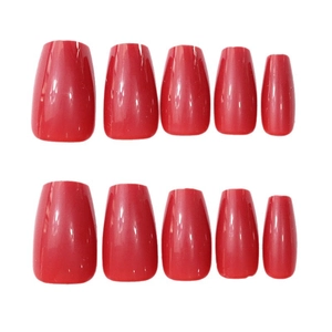 Glossy deep cherry red press-on nails set in medium coffin shape for women manicure