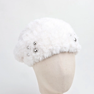 Elegant white faux rabbit fur beret for women with stylish silver beaded accents