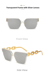 Detail of square oversized sunglasses with silver mirrored lenses and gold chain temples