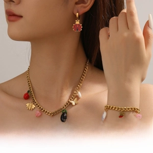Gold stainless steel jewelry set featuring colorful bee, ladybug, and butterfly charms