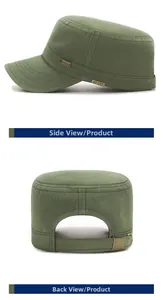 Detail view of army green cotton cadet cap showing side emblem and metal back buckle