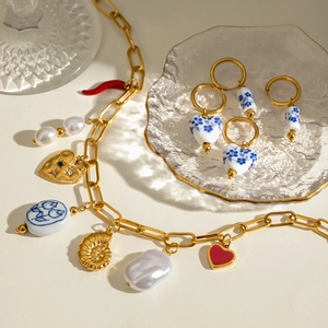 Blue White Ceramic Heart Artificial Pearl Shell Charms Stainless Steel Necklace Gold Plated Mediterranean Style Jewelry