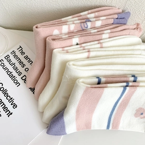 Pastel floral cotton mid-calf socks set in pink and purple colors with stripe patterns