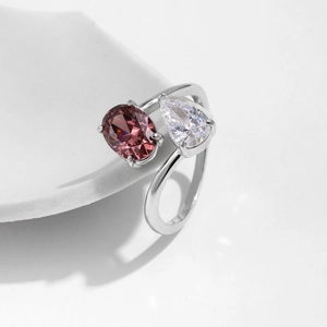 S925 sterling silver interlaced ring with oval reddish-brown and pear-shaped white stones