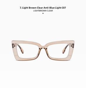 Detail of transparent light brown rectangular cat-eye glasses with anti-blue light lens