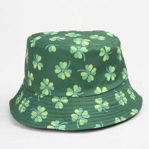 Detail view of reinforced stitching on the brim of a green shamrock print bucket hat