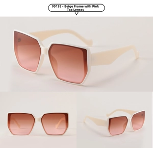 Detail view of large square ivory frames with gradient tea-pink lenses for women