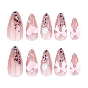 3D Rosa Schleife und Leopard Herz Almond Press-on Nägel mit Perlen und Rosen