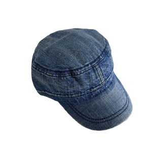 Vintage washed dark blue denim flat top military cap with soft brim and adjustable strap