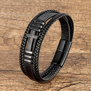 Multilayer black leather bracelet with cross zircon charm and magnetic steel clasp