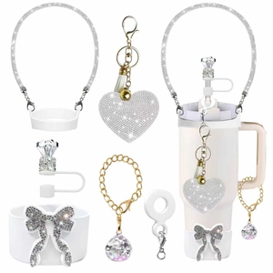 White Stanley cup accessory set with diamond chain, glitter heart charm and silicone boot