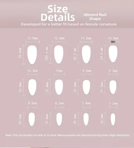Size chart showing 12 dimensions for almond shape press-on nails with 24 pieces set