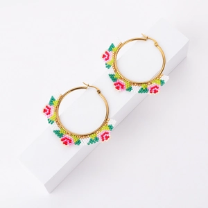 Bohemian Miyuki bead hoop earrings with handmade woven floral pattern on gold metal rings