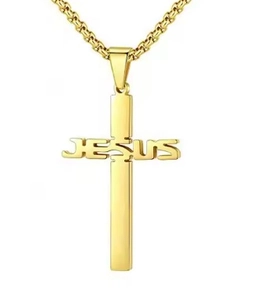 Detailed view of golden stainless steel cross pendant featuring JESUS engraving design