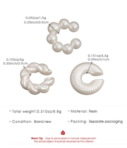 Detailed size and material specs for three resin ear cuffs with twisted and bubble textures