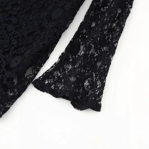 Elegant black lace long sleeve dress with intricate hollow out floral pattern details