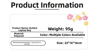 Detailed spec sheet for quilted polyester laptop sleeve with dimensions and weight