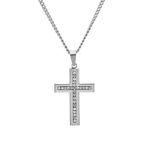 Collana con pendente a croce in acciaio inossidabile argento e pietre di zirconi cubici