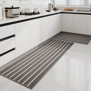 Kitchen rug set of 2 in gray and white stripes with non-slip backing for modern home decor